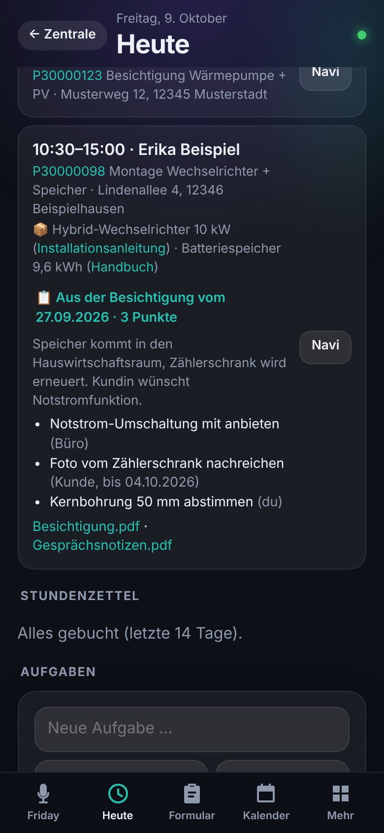 Friday-App: Heute mit Terminen, Material und Notizen aus der Besichtigung