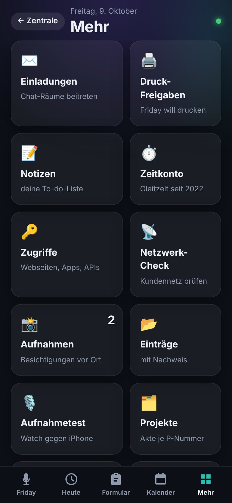 Friday-App: Bereich Mehr mit allen Werkzeugen