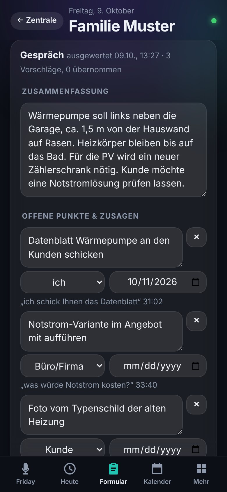 Friday-App: Gesprächsnotizen bearbeiten